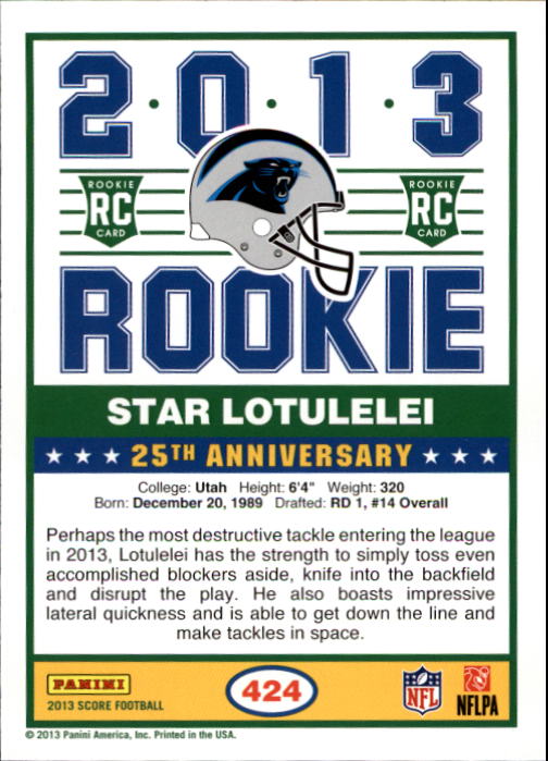 2013 Score #424 Star Lotulelei RC back image