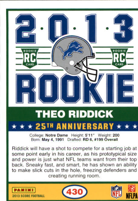 2013 Score #430 Theo Riddick RC back image
