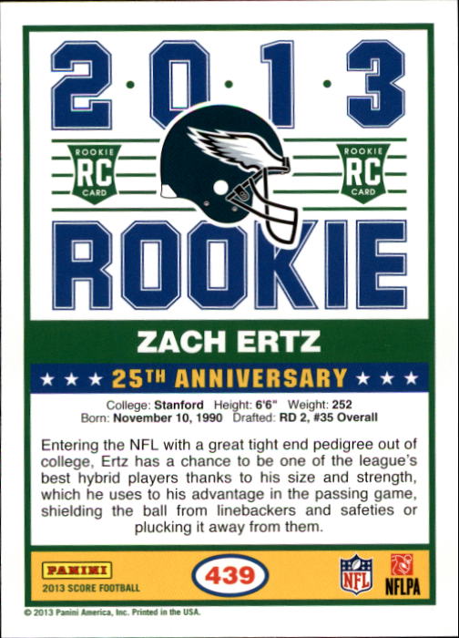 2013 Score #439 Zach Ertz RC back image