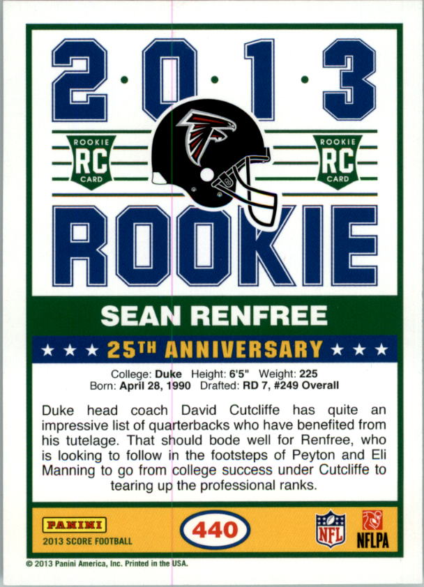 2013 Score #440 Sean Renfree RC back image