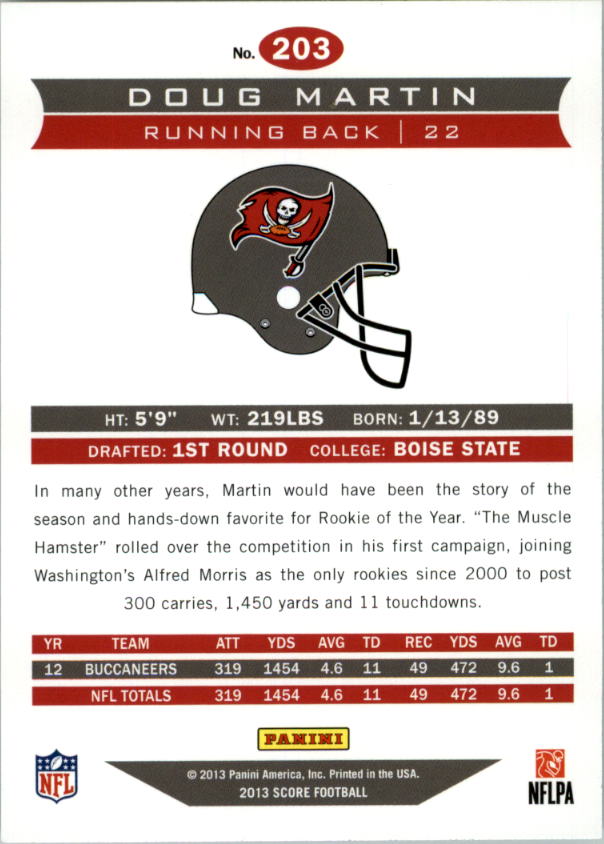 2013 Score Scorecard #203 Doug Martin back image