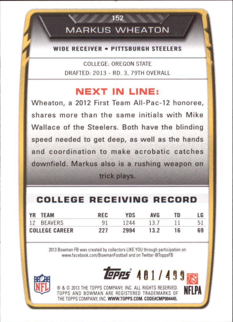 2013 Bowman Blue #152 Markus Wheaton back image