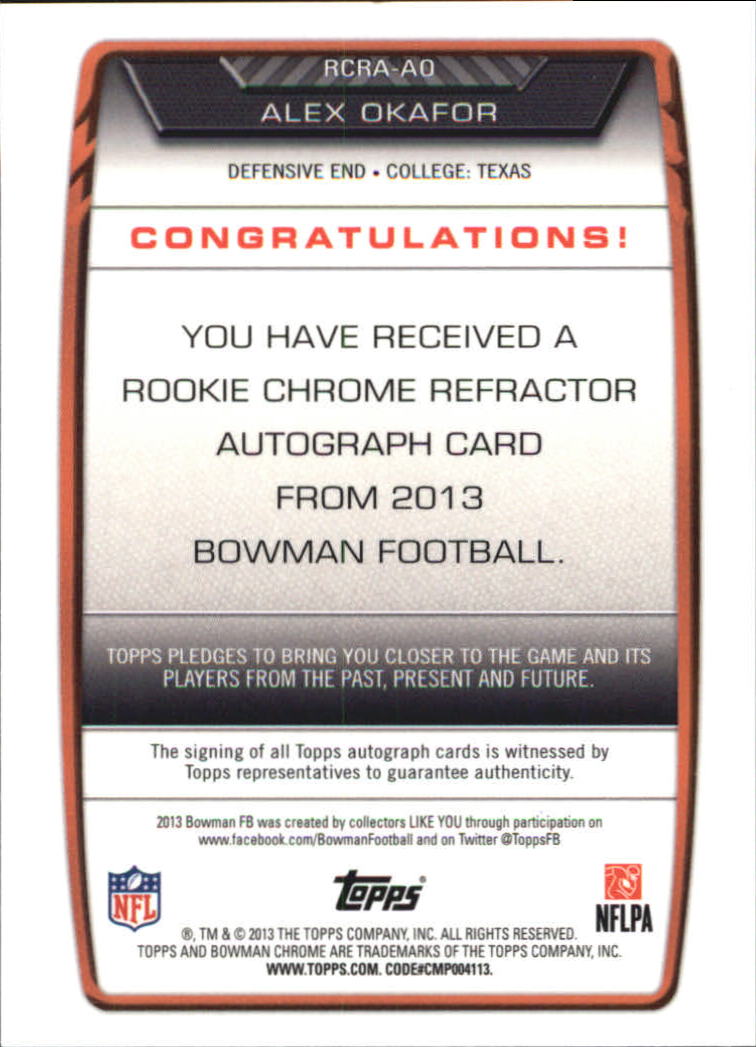 2013 Bowman Chrome Rookie Autographs Refractors #RCRAAO Alex Okafor back image