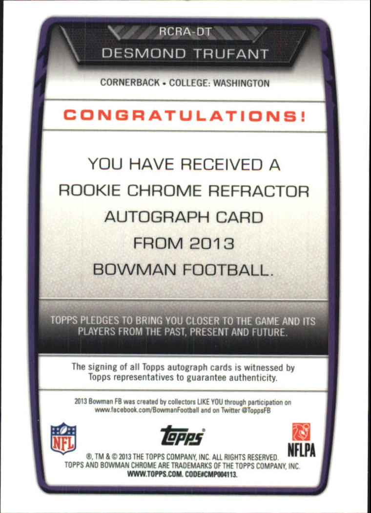 2013 Bowman Chrome Rookie Autographs Refractors #RCRADT Desmond Trufant back image