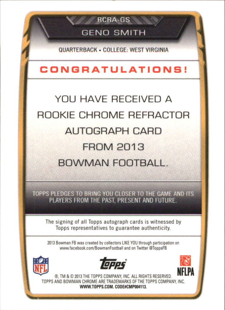 2013 Bowman Chrome Rookie Autographs Orange Refractors #RCRAGS Geno Smith back image