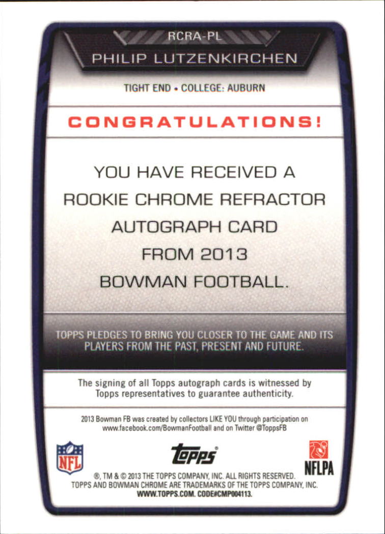 2013 Bowman Chrome Rookie Autographs Orange Refractors #RCRAPL Philip Lutzenkirchen back image