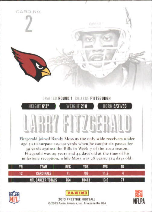 2013 Prestige #2 Larry Fitzgerald back image