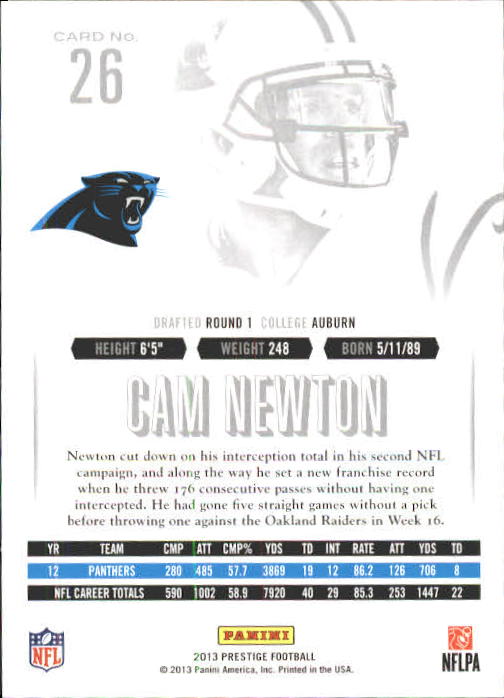 2013 Prestige #26 Cam Newton back image