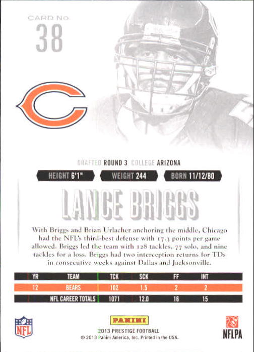2013 Prestige #38 Lance Briggs back image