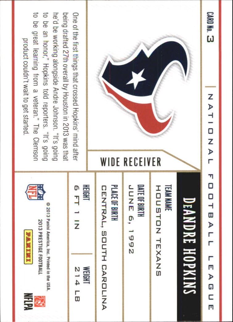 2013 Prestige NFL Draft Tickets #3 DeAndre Hopkins - NM-MT - THE  COLLECTOR'S FRIEND | Beckett Marketplace, image size:756x1045