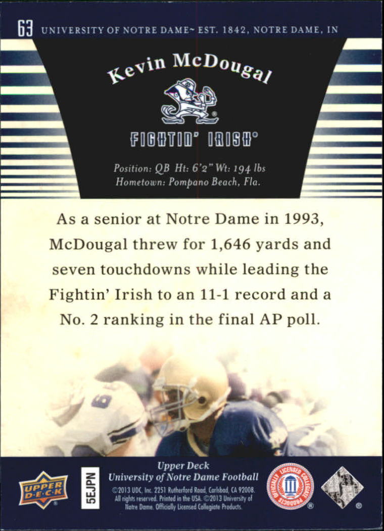 2013 Upper Deck Notre Dame #63 Kevin McDougal back image