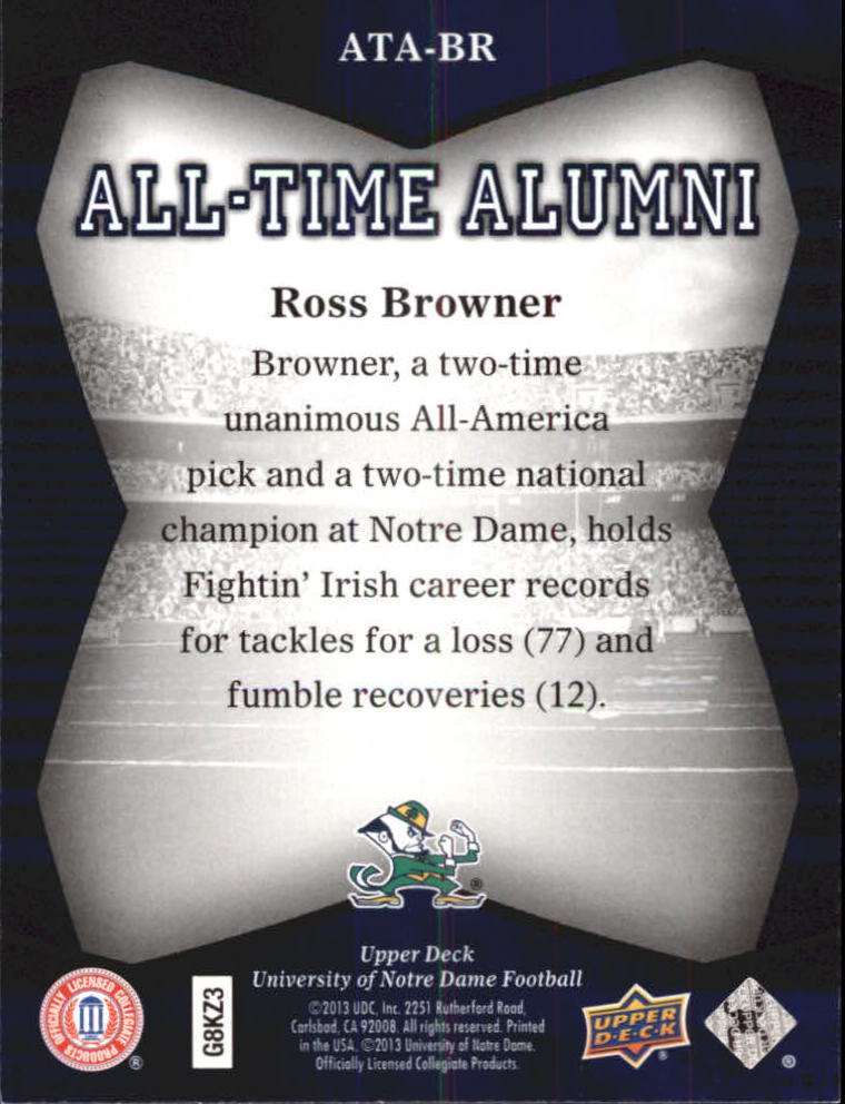 2013 Upper Deck Notre Dame All Time Alumni #ATABR Ross Browner back image