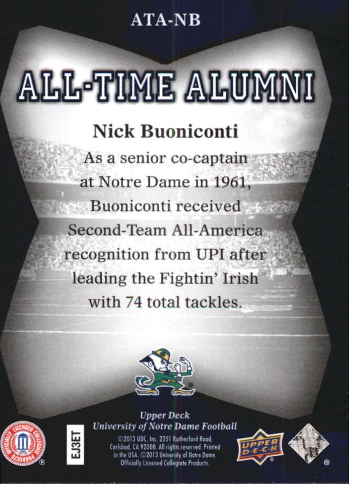 2013 Upper Deck Notre Dame All Time Alumni #ATANB Nick Buoniconti back image