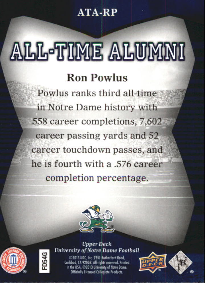 2013 Upper Deck Notre Dame All Time Alumni #ATARP Ron Powlus back image