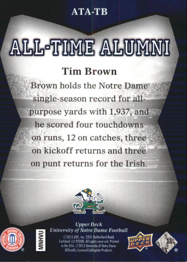 2013 Upper Deck Notre Dame All Time Alumni #ATATB Tim Brown back image