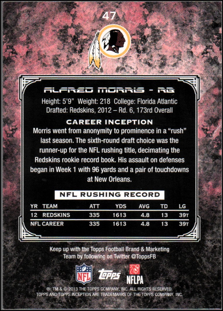 2013 Topps Inception #47 Alfred Morris back image