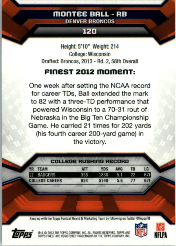 2013 Finest #120 Montee Ball RC back image