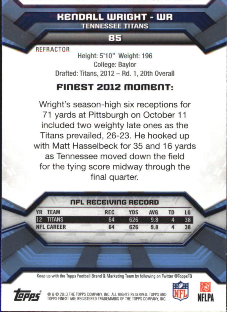 2013 Finest Refractors #85 Kendall Wright back image