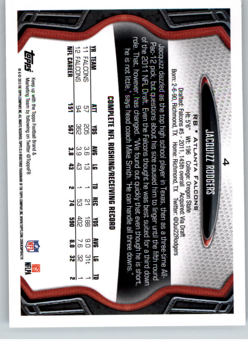 2013 Topps #4 Jacquizz Rodgers back image