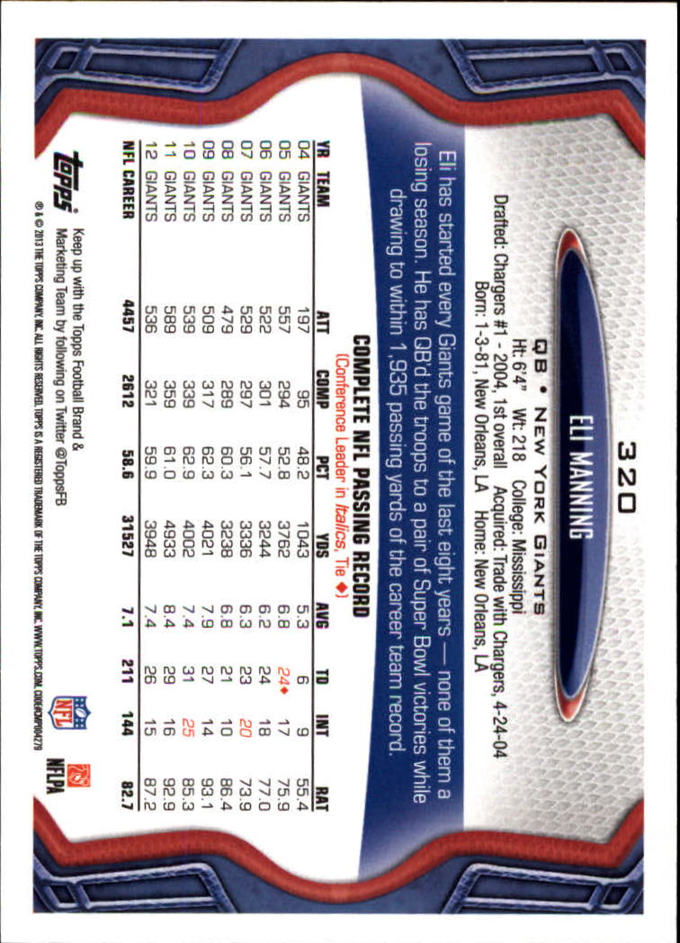 2013 Topps #320 Eli Manning back image