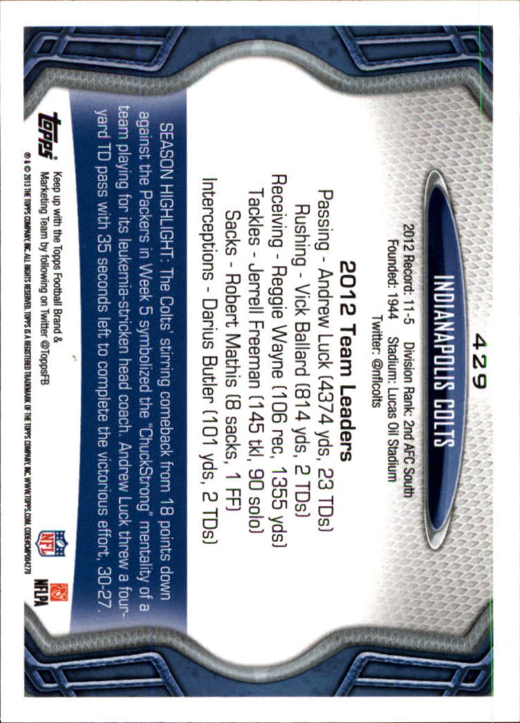 2013 Topps #429 Indianapolis Colts/Andrew Luck/Reggie Wayne/Donald Brown/Jeffrey Linkenbach back image