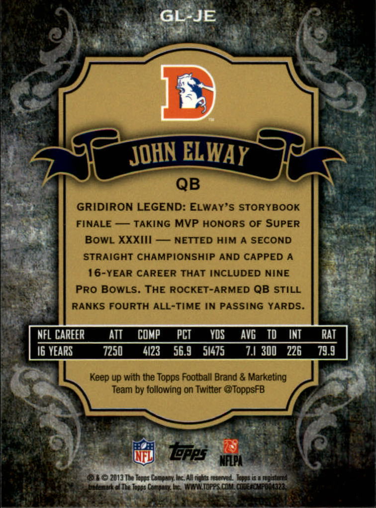 2013 Topps Gridiron Legends #GLJE John Elway back image