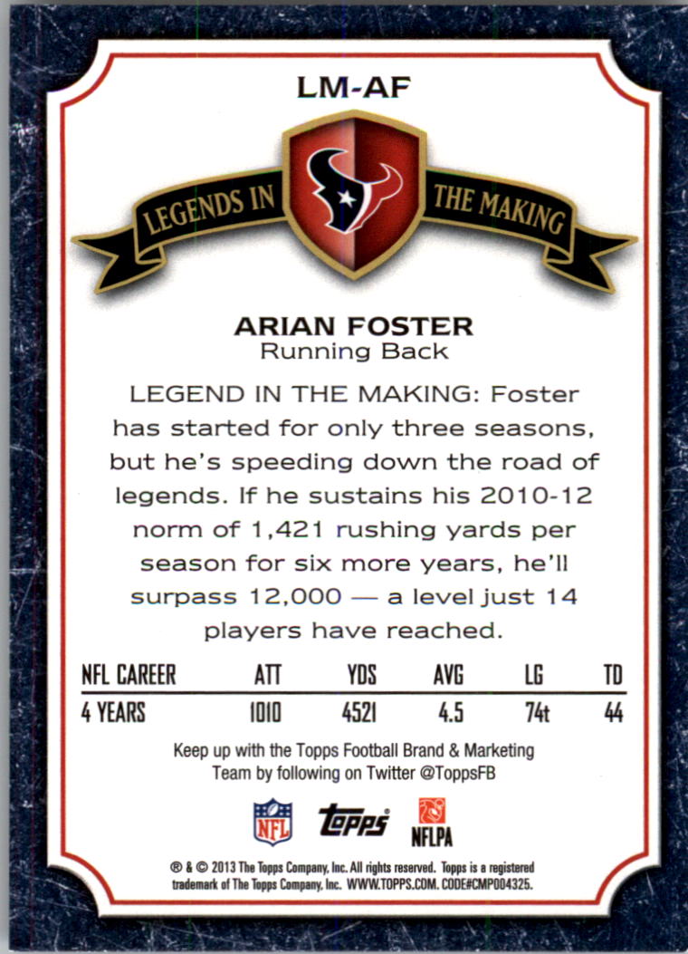 2013 Topps Legends In The Making #LMAF Arian Foster back image