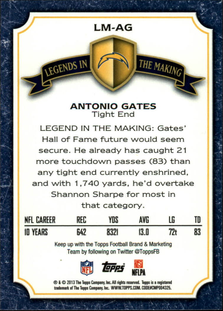2013 Topps Legends In The Making #LMAG Antonio Gates back image