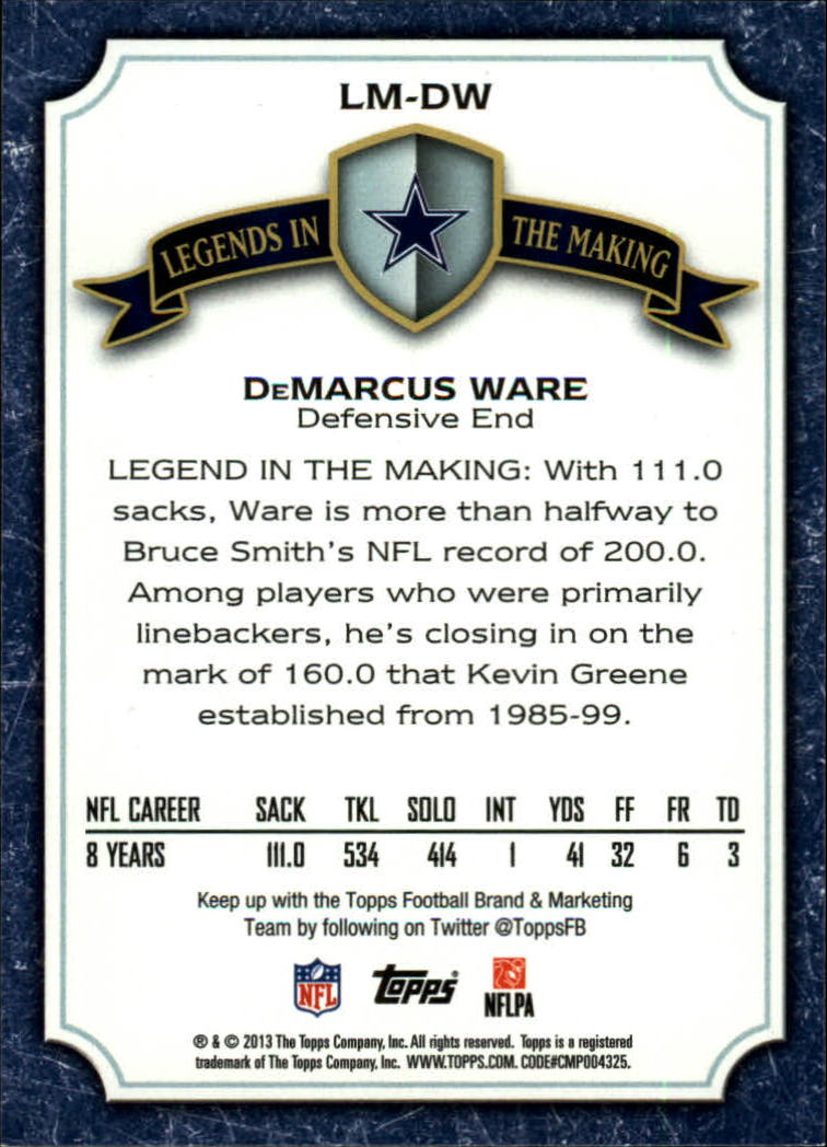 2013 Topps Legends In The Making #LMDW DeMarcus Ware back image