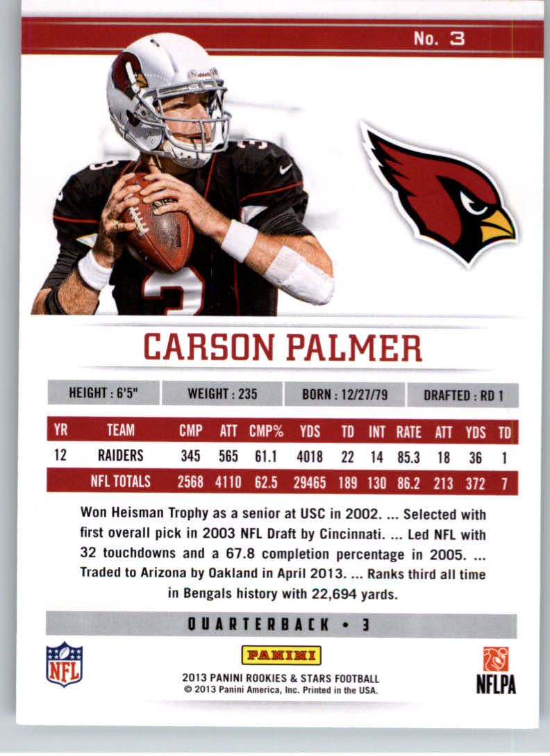 2013 Rookies and Stars #3 Carson Palmer back image