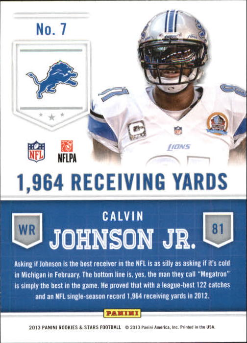 2013 Rookies and Stars Statistical Standouts #7 Calvin Johnson back image