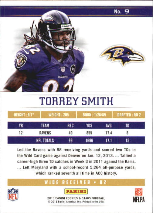 2013 Rookies and Stars Longevity Parallel #9 Torrey Smith back image