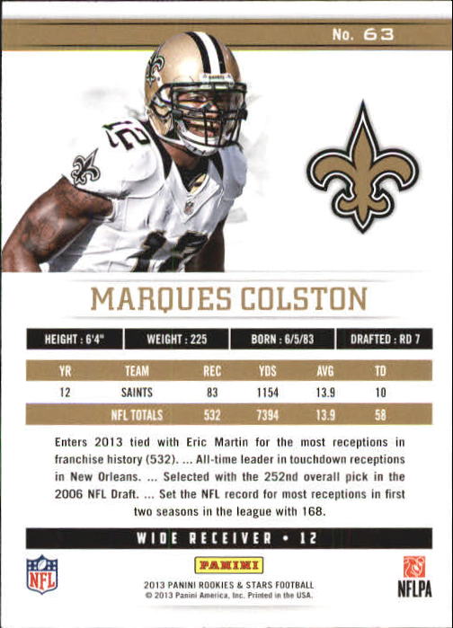 2013 Rookies and Stars Longevity Parallel #63 Marques Colston back image