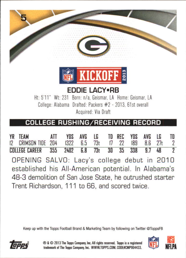 2013 Topps Kickoff #5 Eddie Lacy back image