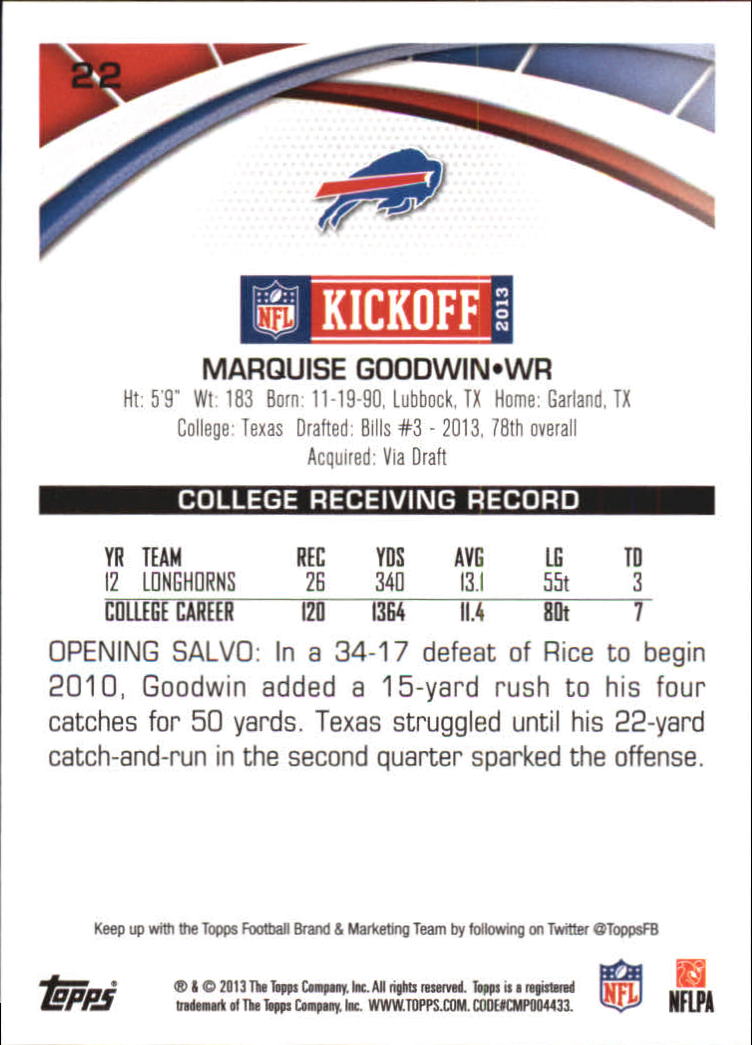 2013 Topps Kickoff #22 Marquise Goodwin back image