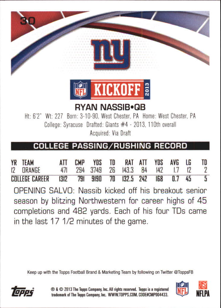2013 Topps Kickoff #30 Ryan Nassib back image