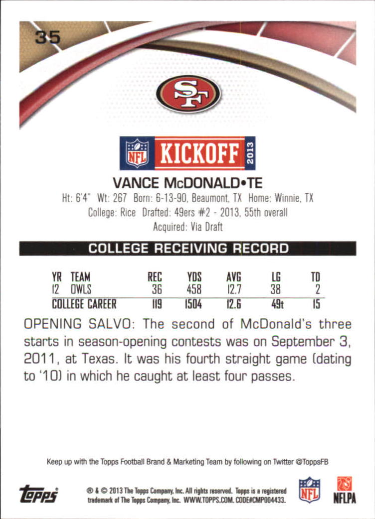 2013 Topps Kickoff #35 Vance McDonald back image