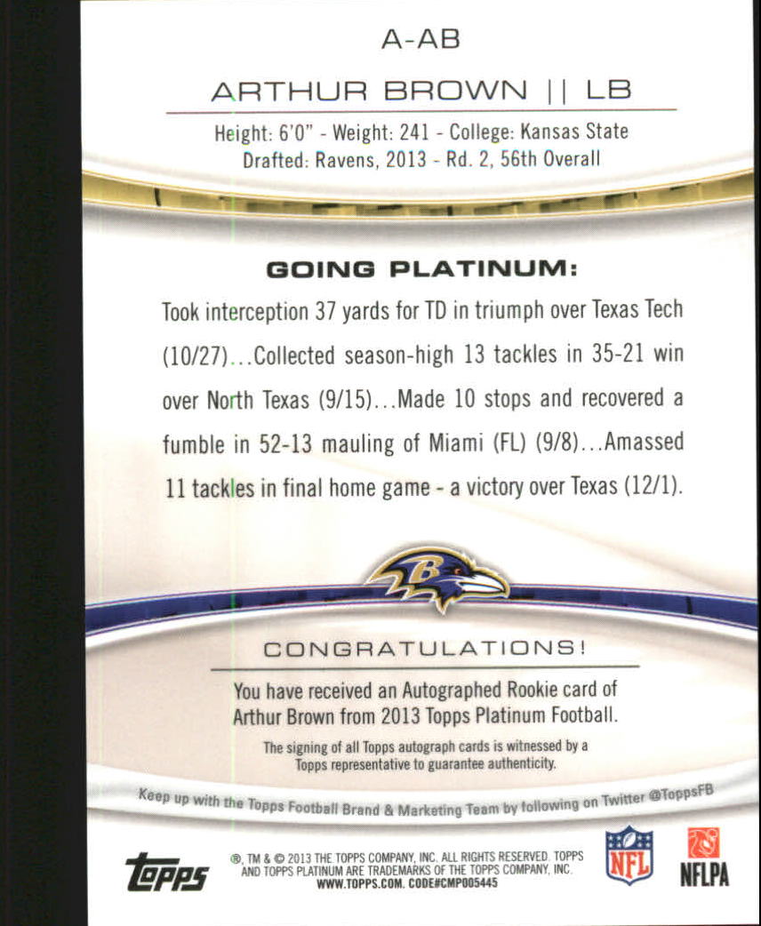 2013 Topps Platinum Rookie Autographs Purple Refractors #AAB Arthur Brown back image