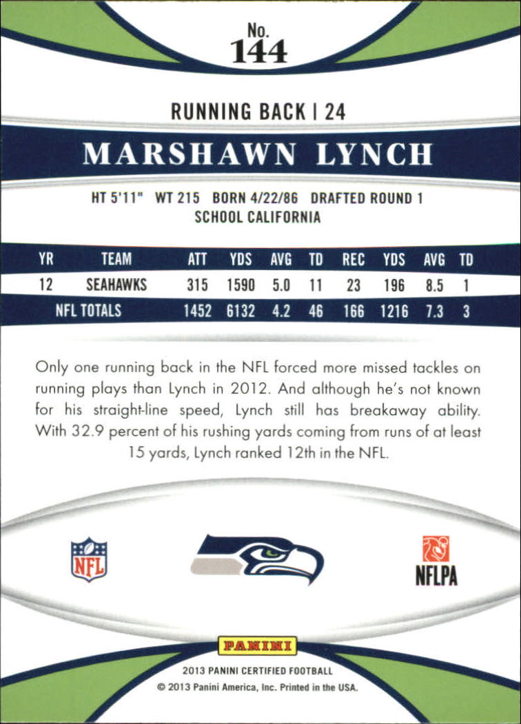 2013 Certified #144 Marshawn Lynch back image