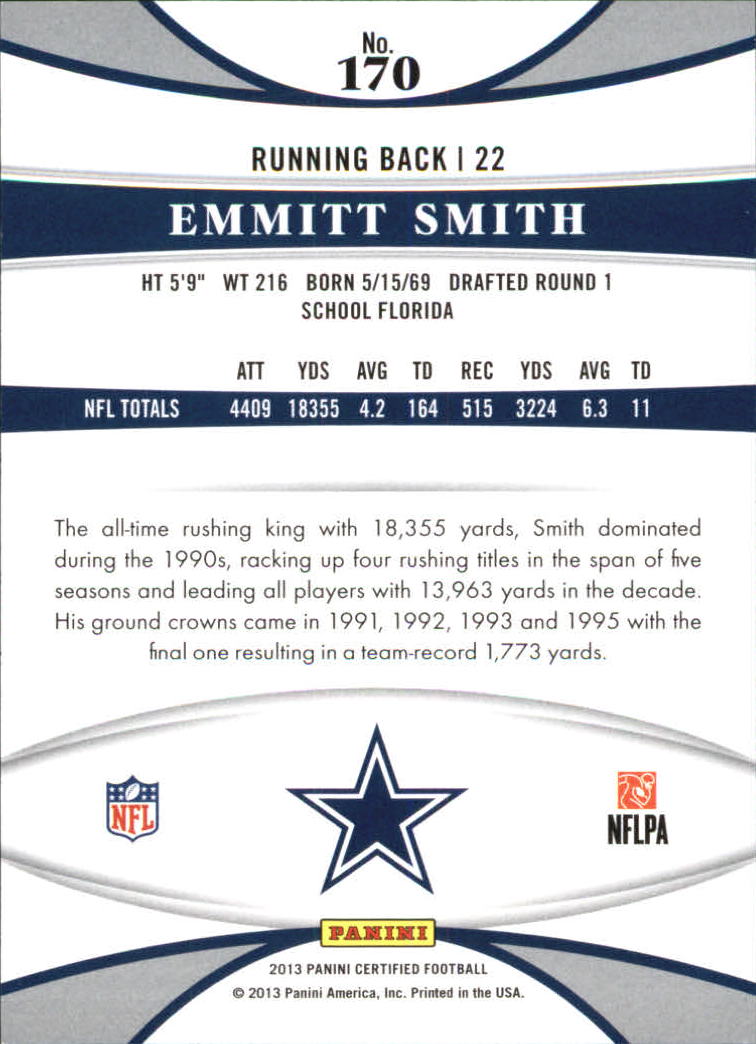 2013 Certified #170 Emmitt Smith IMM back image