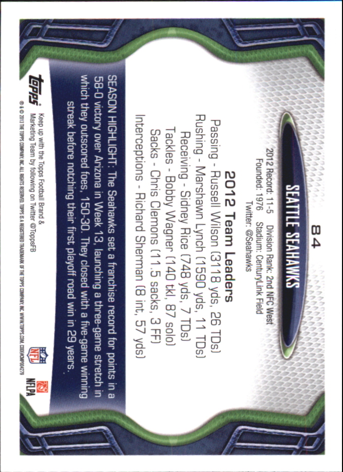 2013 Topps Mini #84 Seattle Seahawks/Russell Wilson/Marshawn Lynch back image