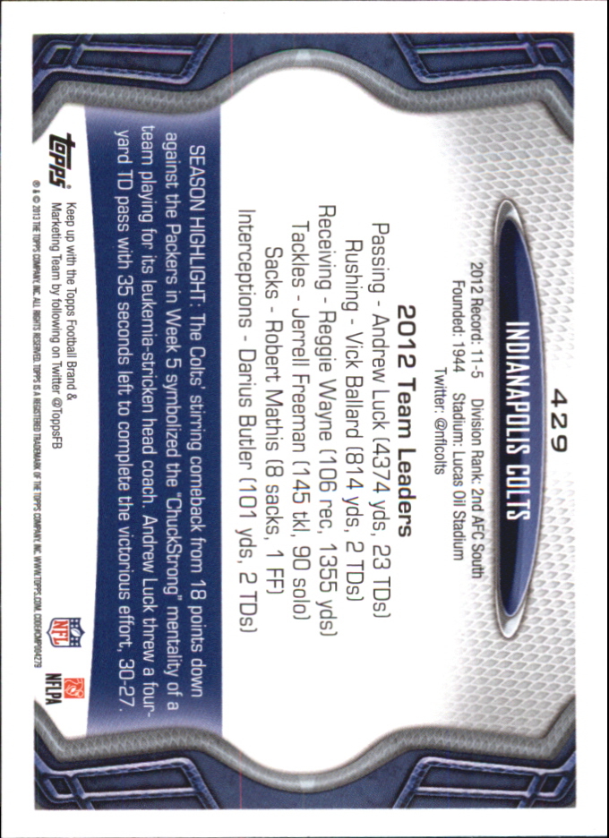 2013 Topps Mini #429 Indianapolis Colts/Andrew Luck/Reggie Wayne/Donald Brown/Jeffrey Linkenbach back image