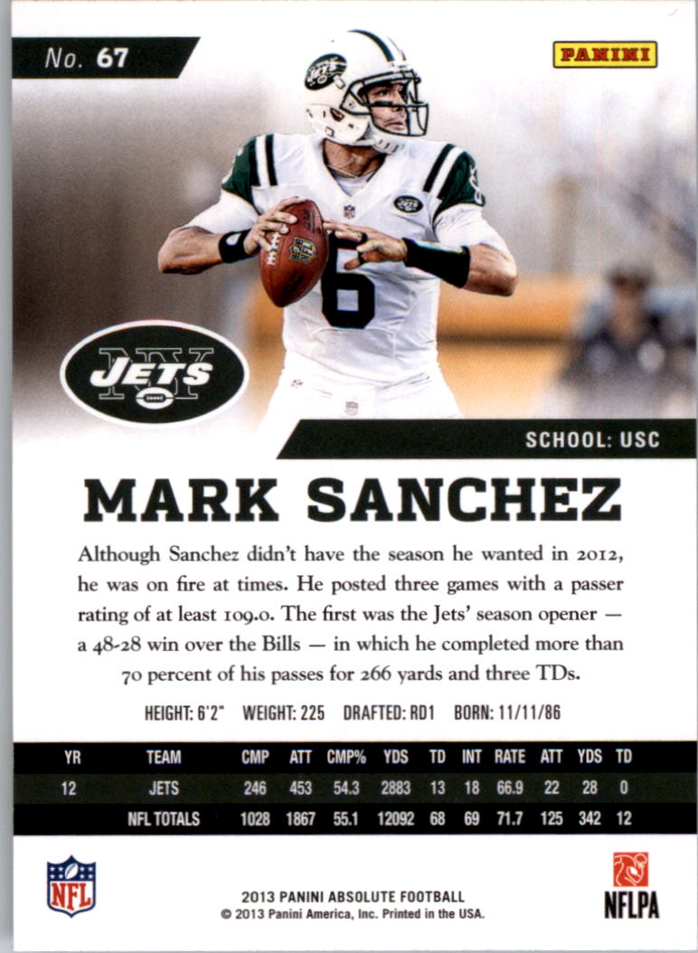 2013 Absolute #67 Mark Sanchez back image