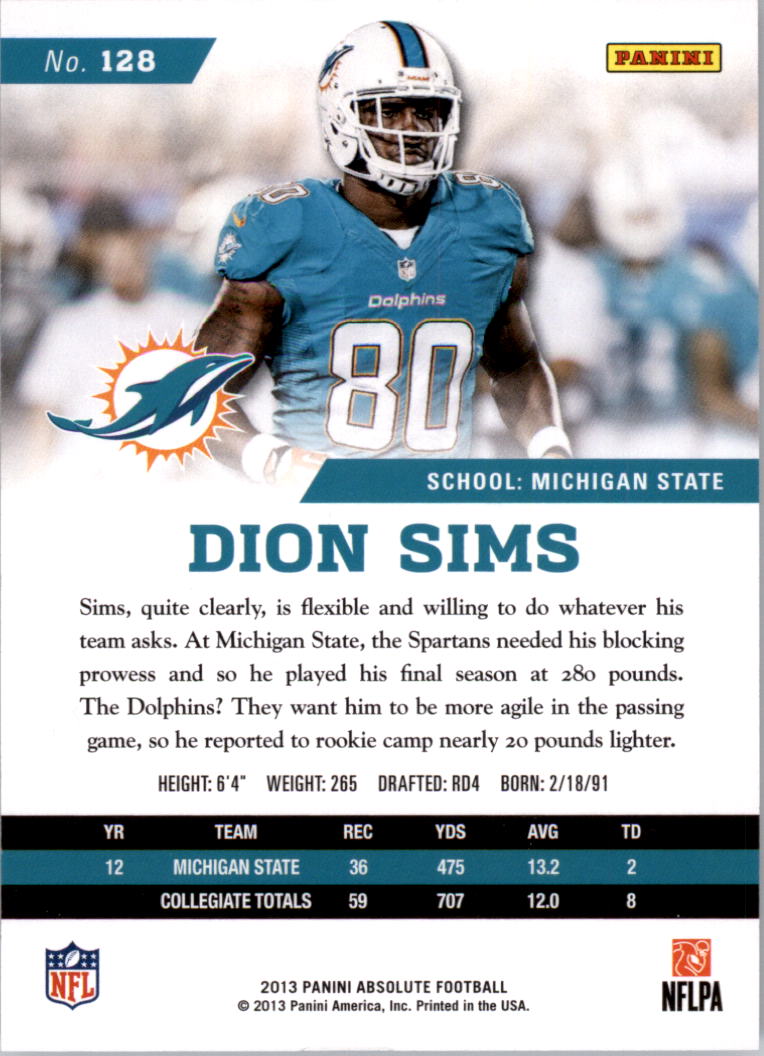 2013 Absolute #128 Dion Sims/499 RC back image