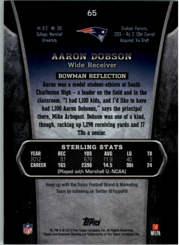 2013 Bowman Sterling #65 Aaron Dobson RC back image