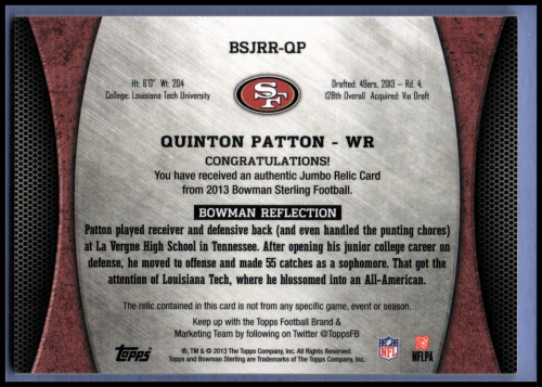 2013 Bowman Sterling Relics #BSJRRQP Quinton Patton/1214 back image