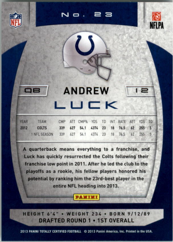 2013 Totally Certified #23 Andrew Luck back image