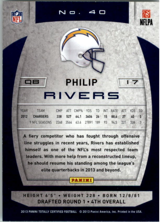 2013 Totally Certified #40 Philip Rivers back image