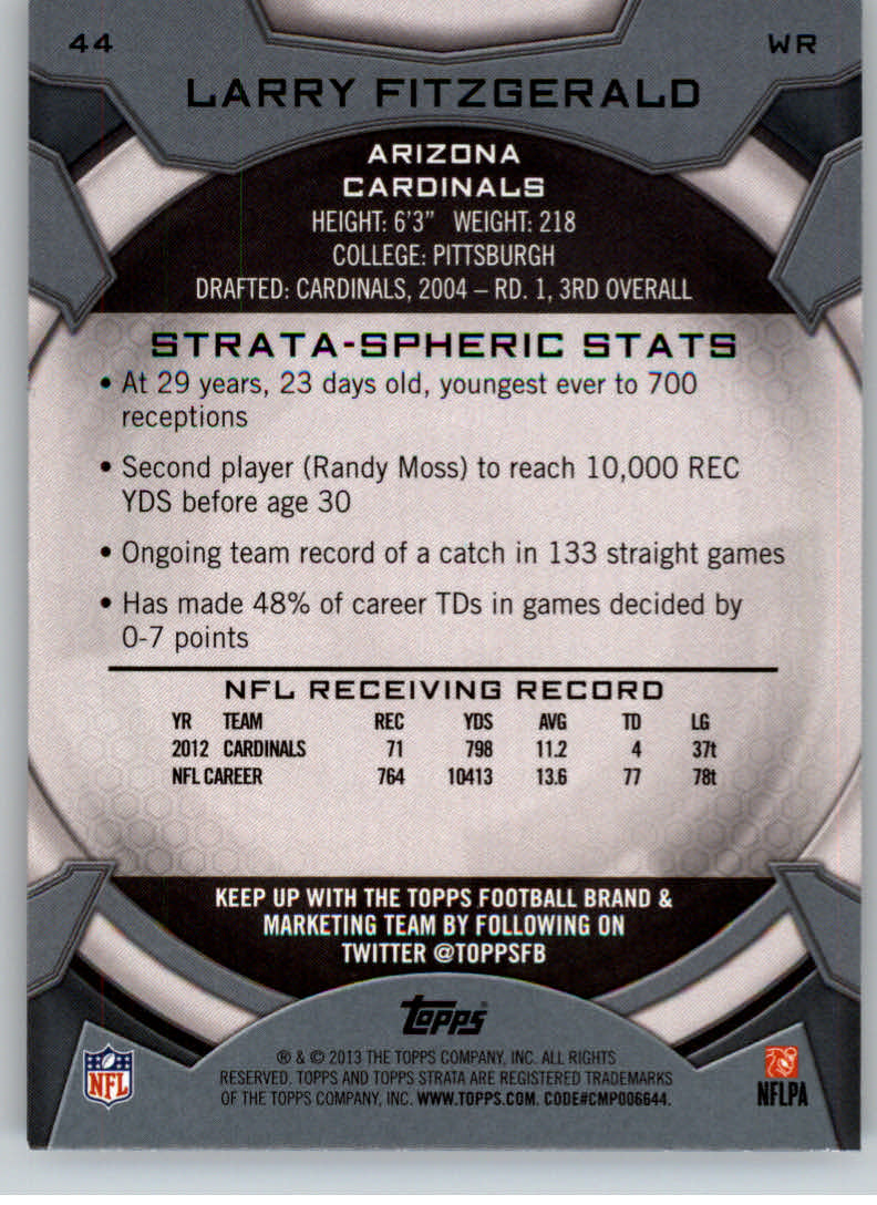 2013 Topps Strata #44 Larry Fitzgerald back image