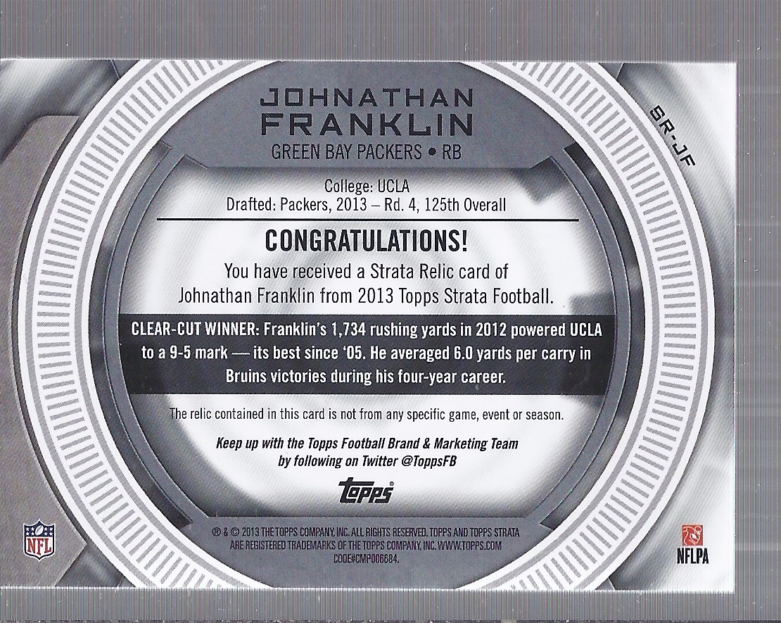 2013 Topps Strata Jerseys #SRJF Johnathan Franklin back image